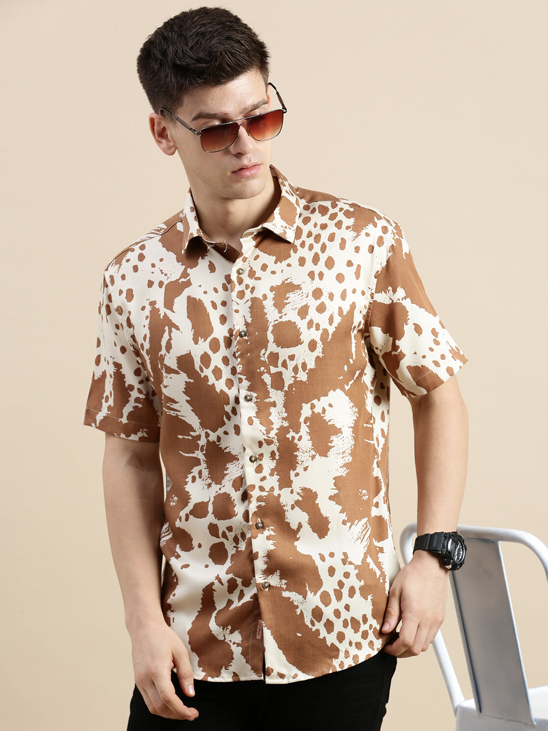 Men Cream Graphics Casual Shirt