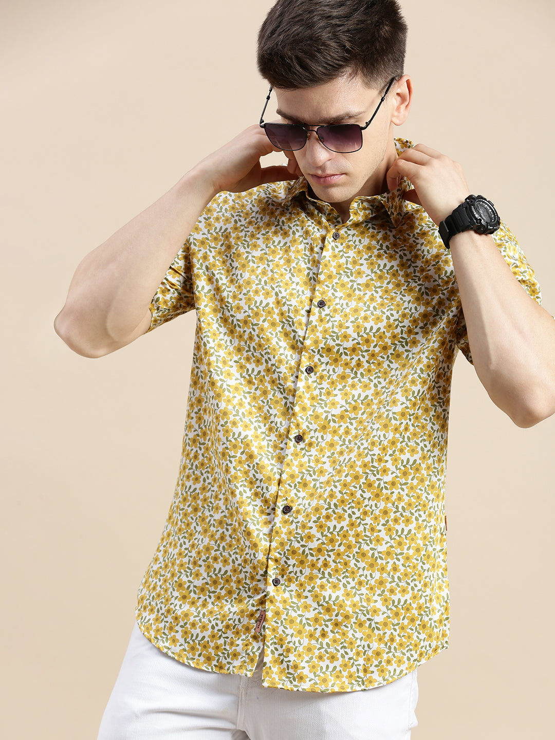 Men White Floral Casual Shirt