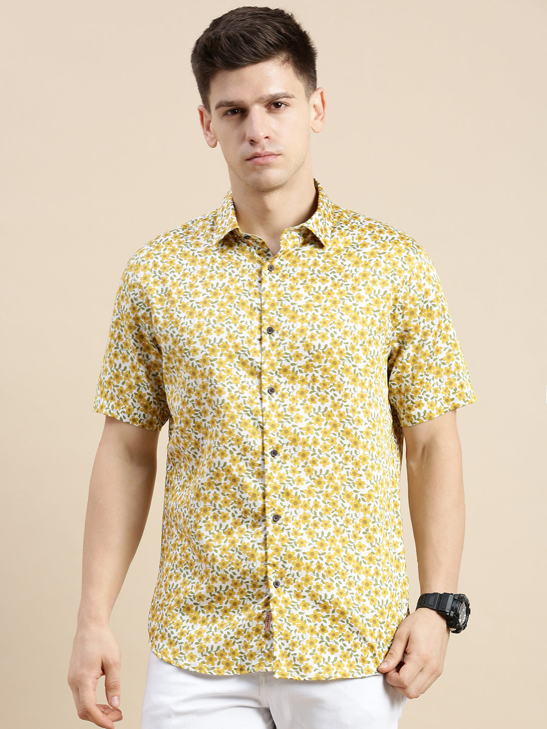 Men White Floral Casual Shirt