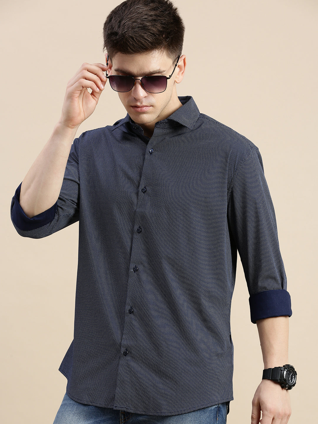 Men Navy Polka Dots Casual Shirt