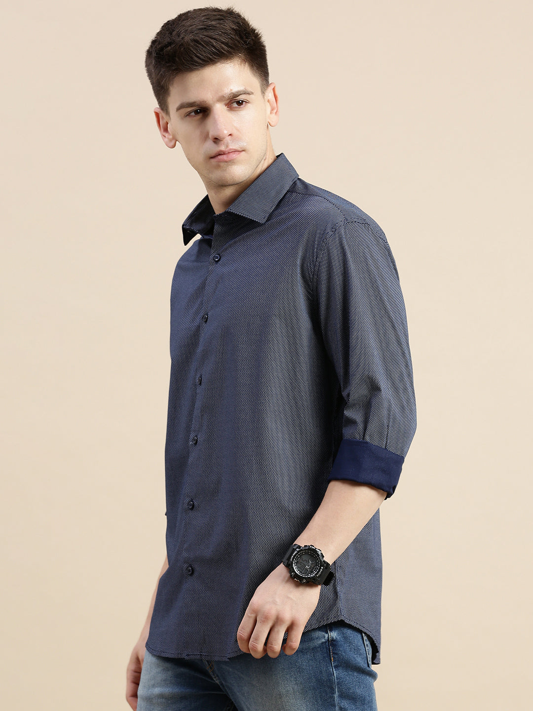 Men Navy Polka Dots Casual Shirt