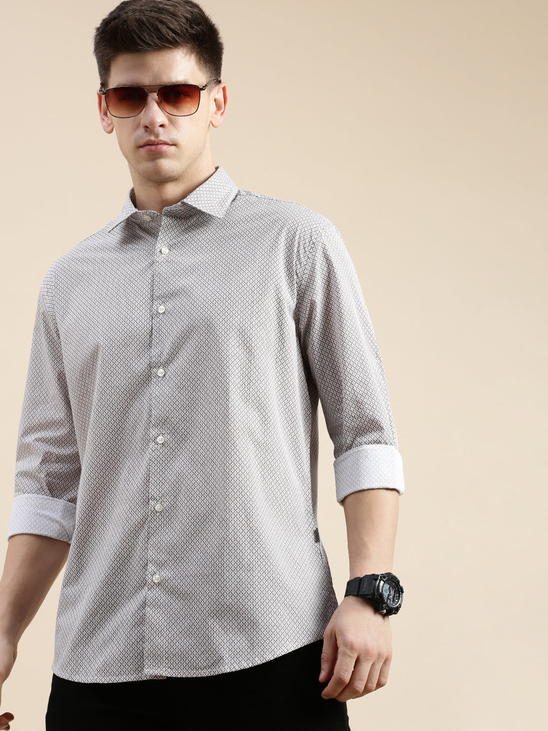 Men White Geometrical Casual Shirt