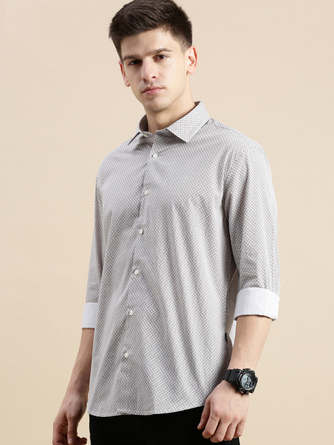 Men White Geometrical Casual Shirt