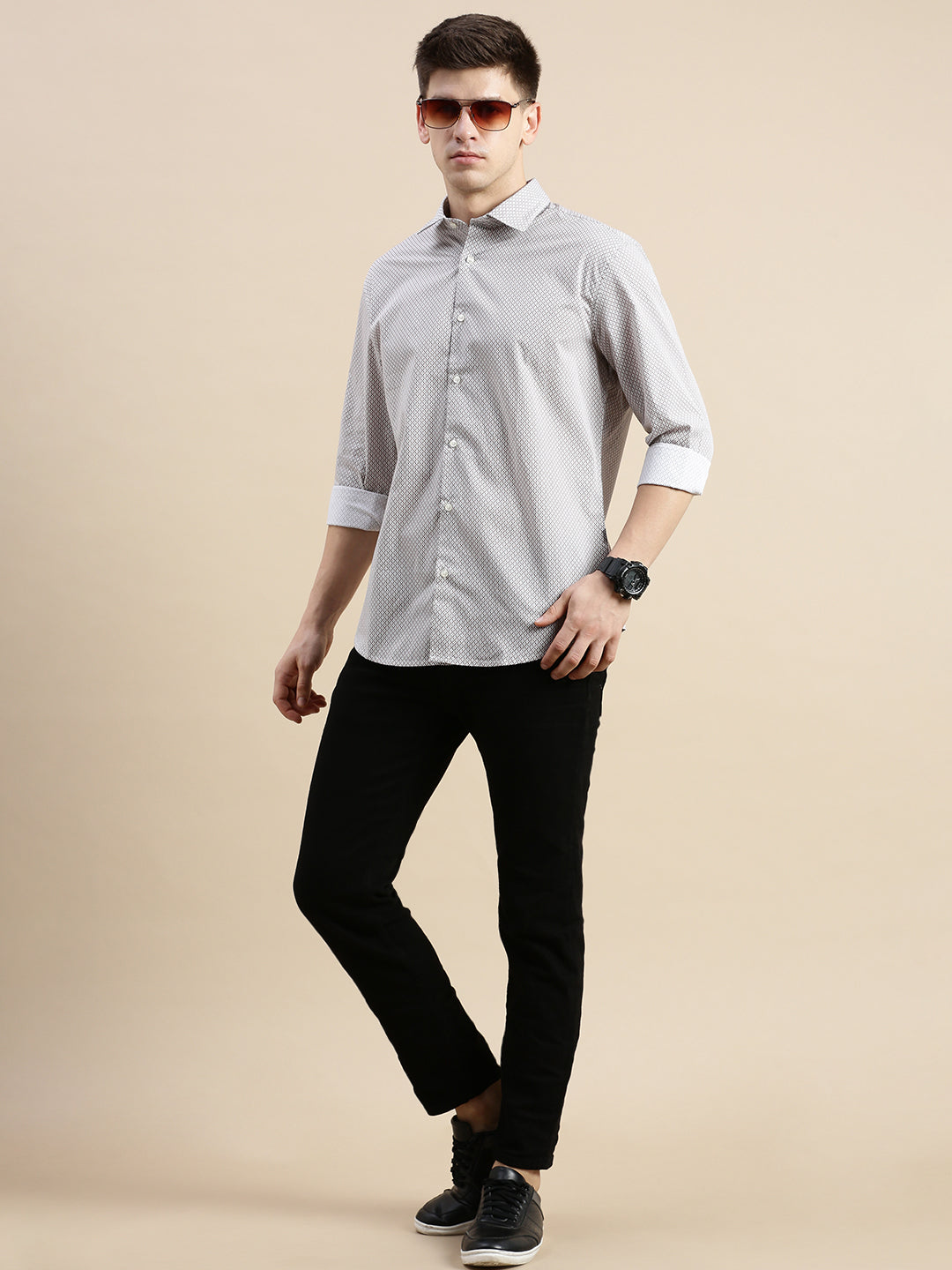 Men White Geometrical Casual Shirt