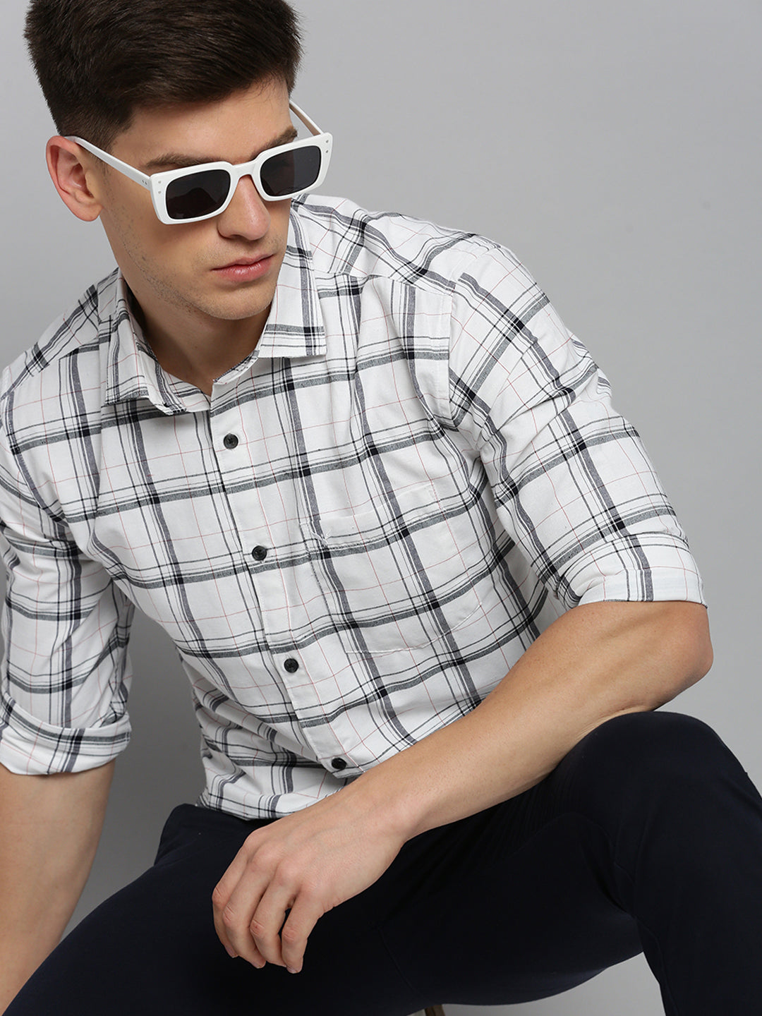 Men White Checked Casual Shirt