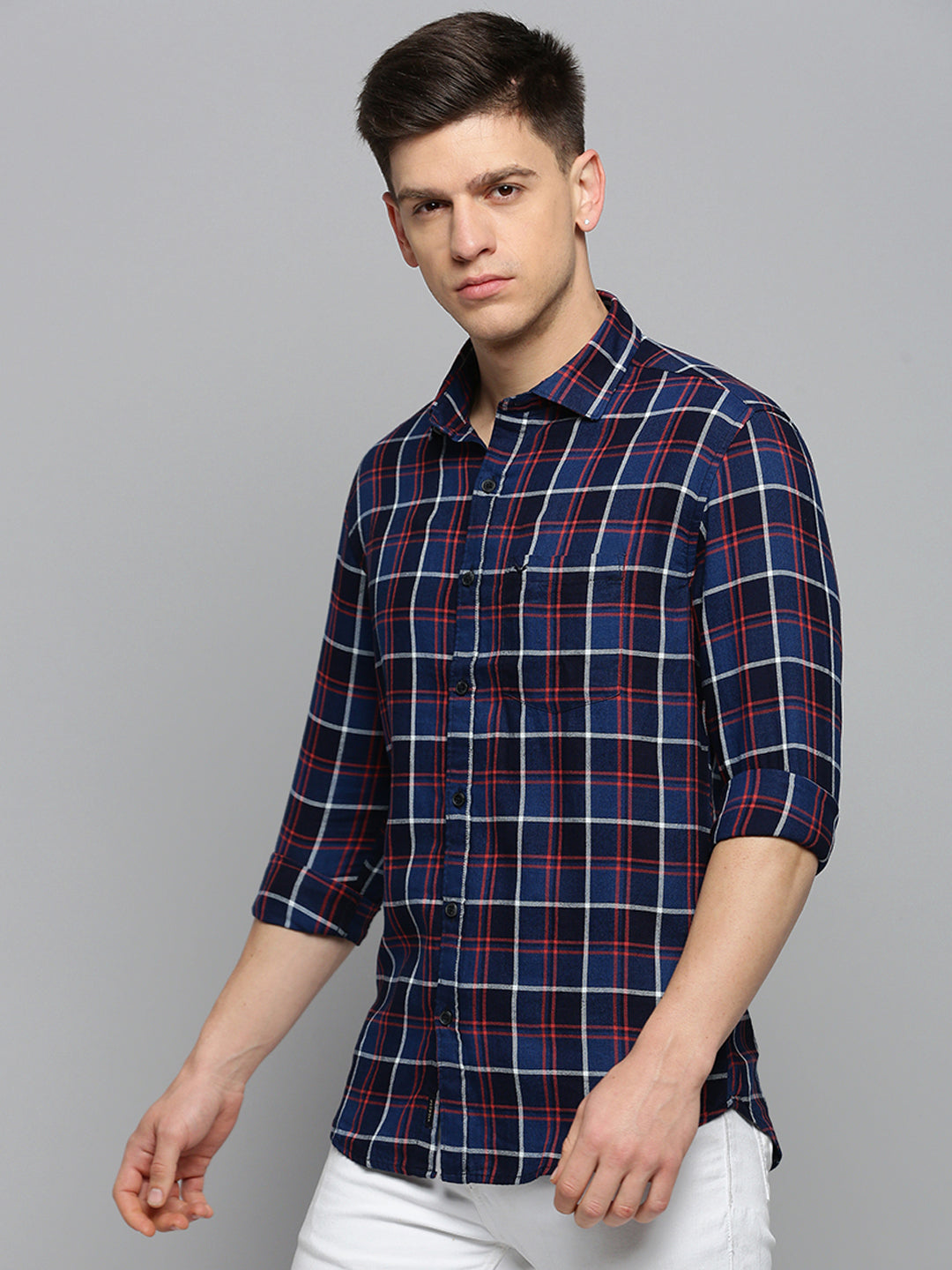 Men Navy Checked Casual Shirt