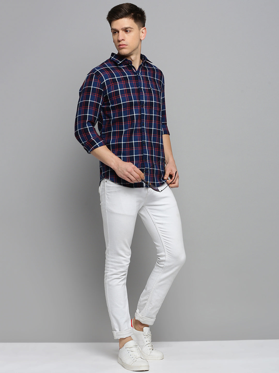 Men Navy Checked Casual Shirt