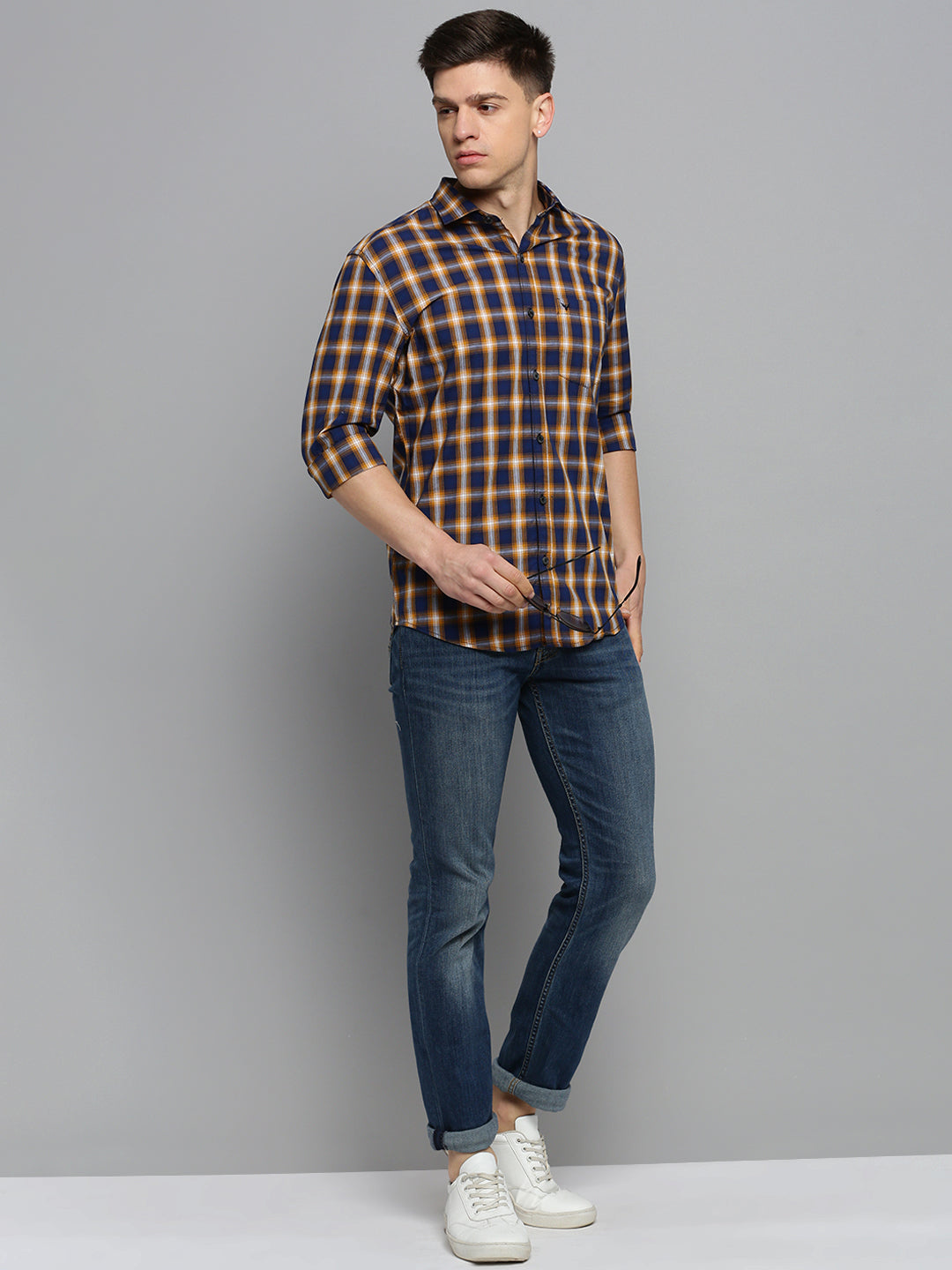 Men Navy Checked Casual Shirt