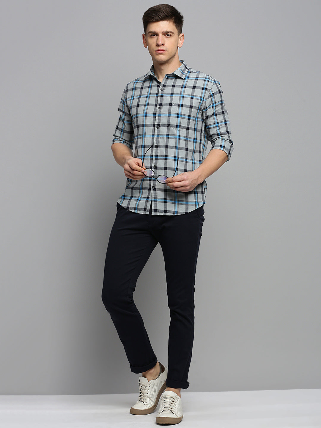 Men Grey Checked Casual Shirt