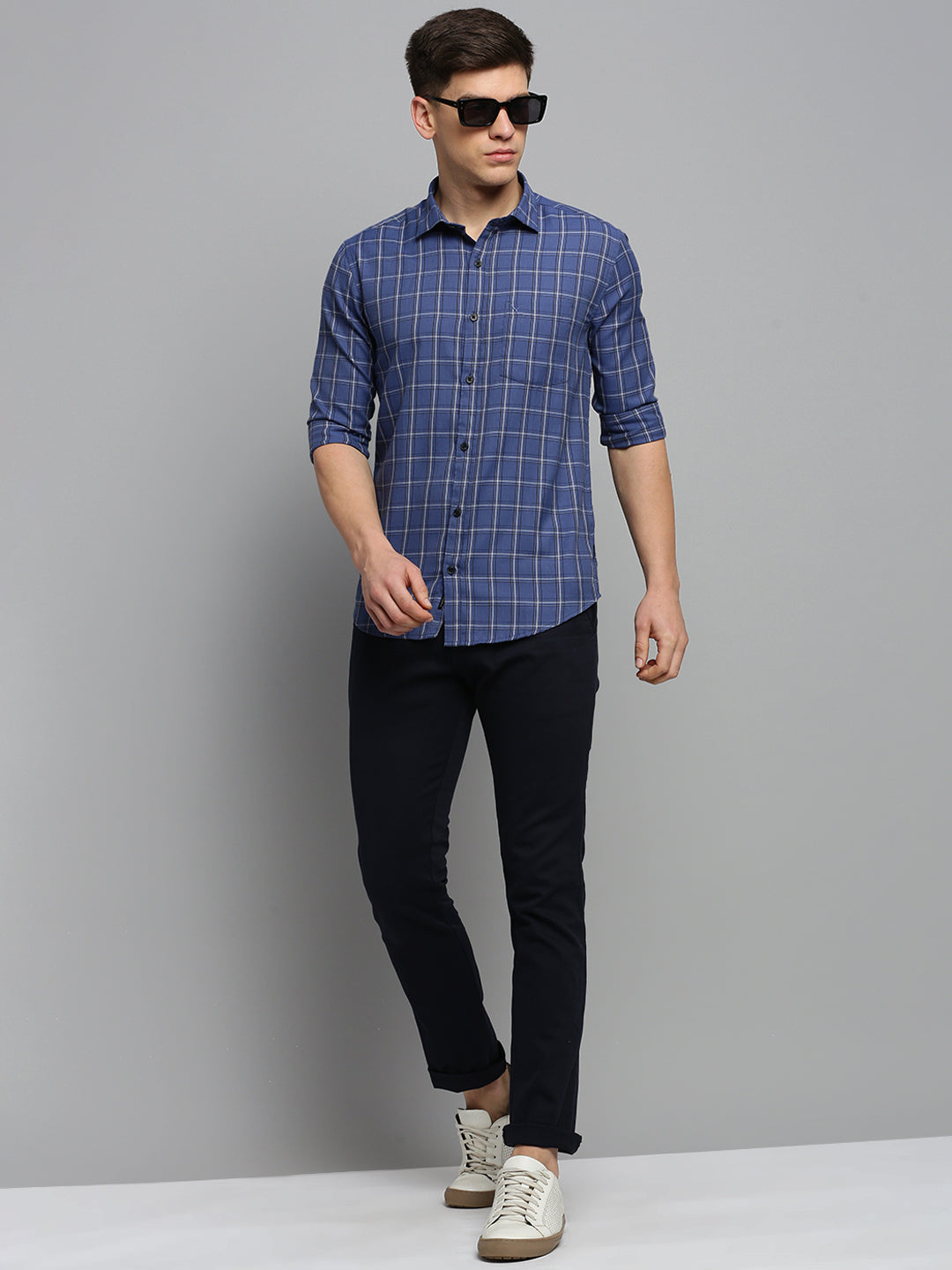 Men Blue Checked Casual Shirt