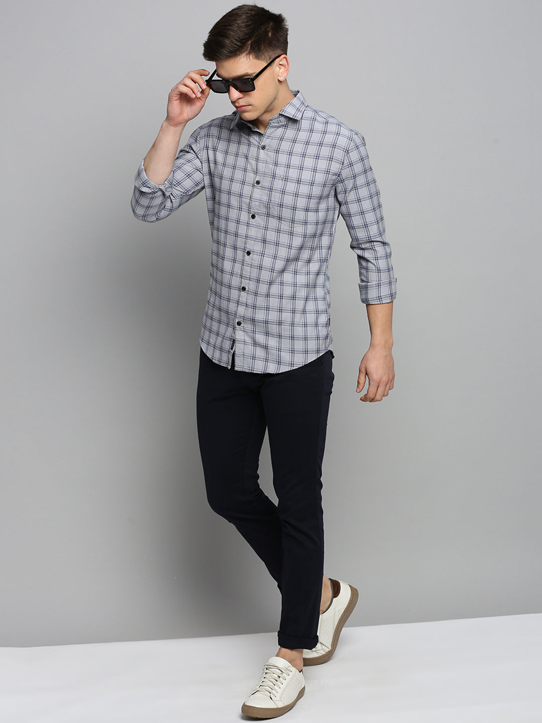 Men Grey Checked Casual Shirt