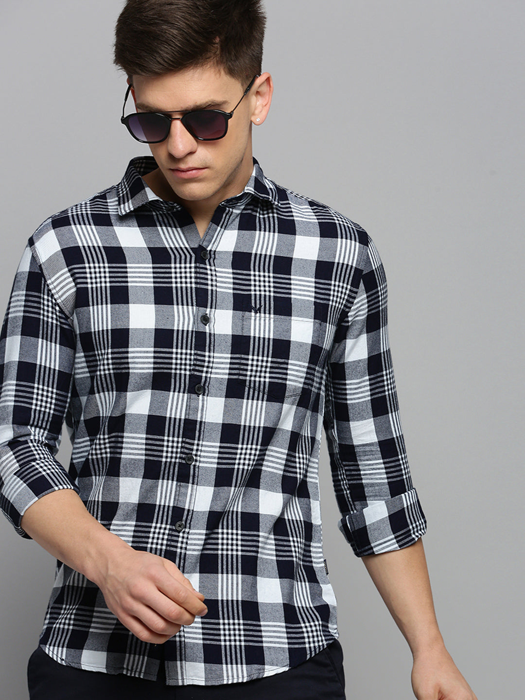 Men Navy Checked Casual Shirt