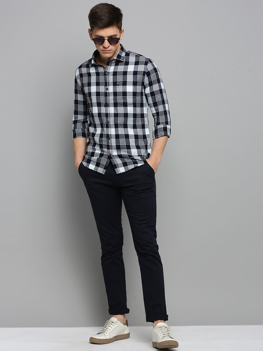 Men Navy Checked Casual Shirt