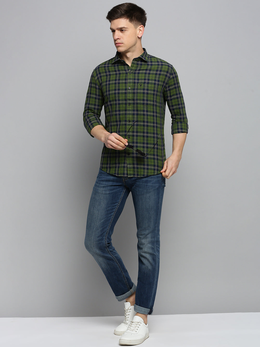 Men Green Checked Casual Shirt