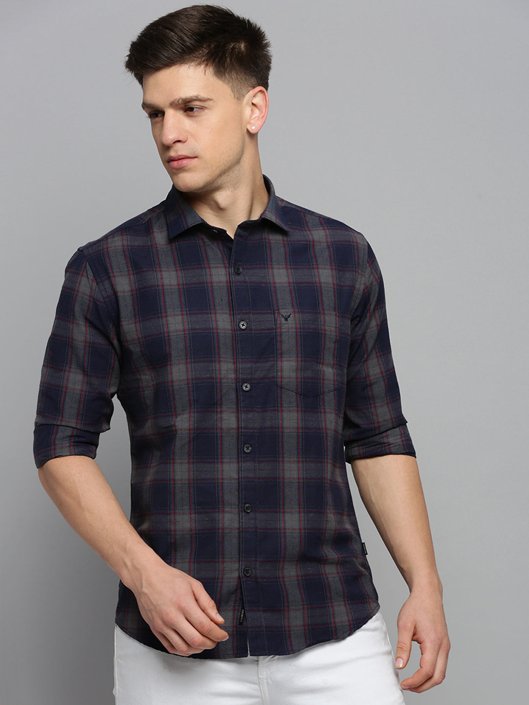 Men Navy Checked Casual Shirt