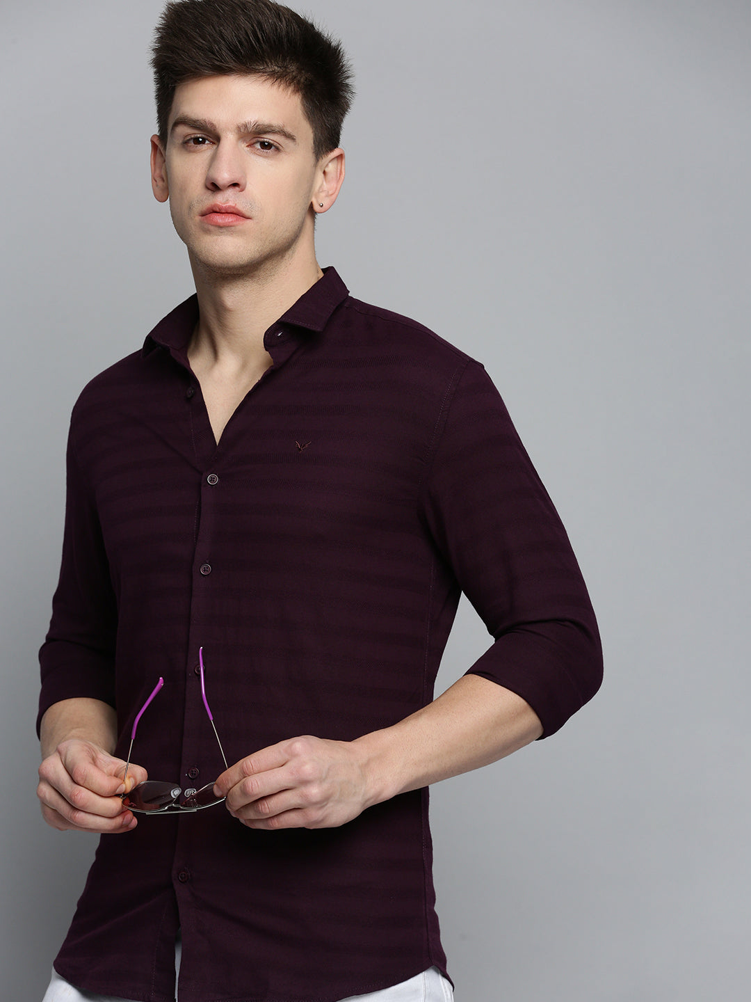 Men's Violet Classic Horizontal Striped Casual Cotton Shirt