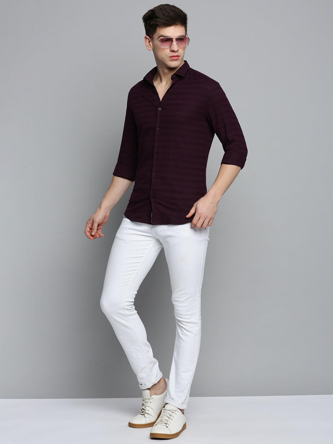 Men's Violet Classic Horizontal Striped Casual Cotton Shirt
