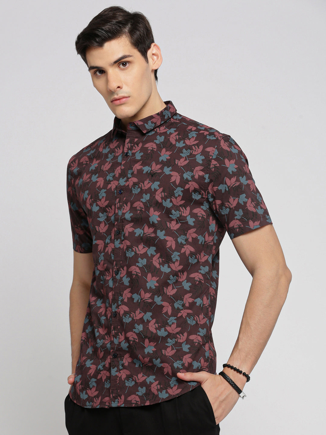 Men Maroon Spread Collar Floral Shirt