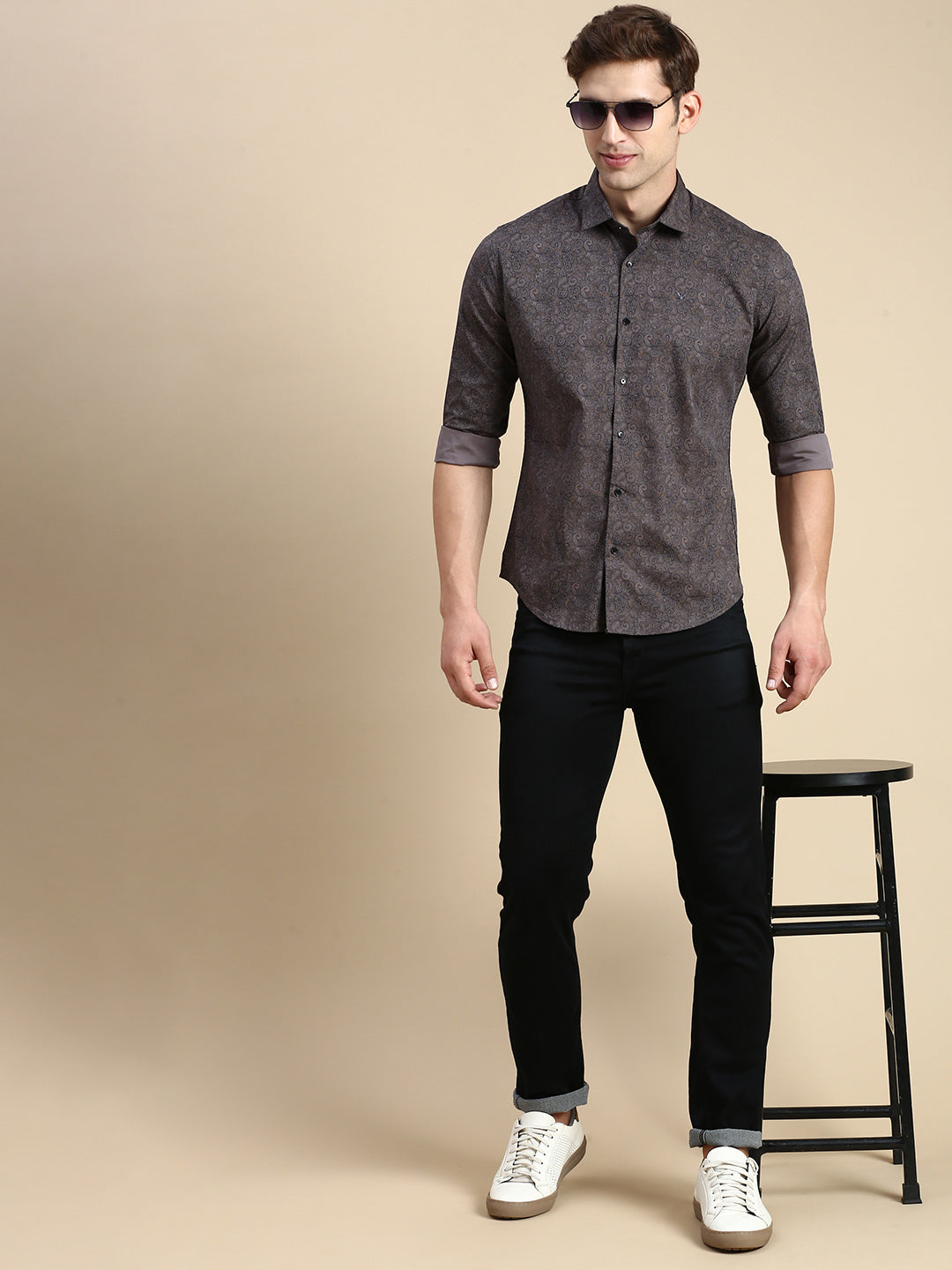 Men Grey Printed Casual Shirt