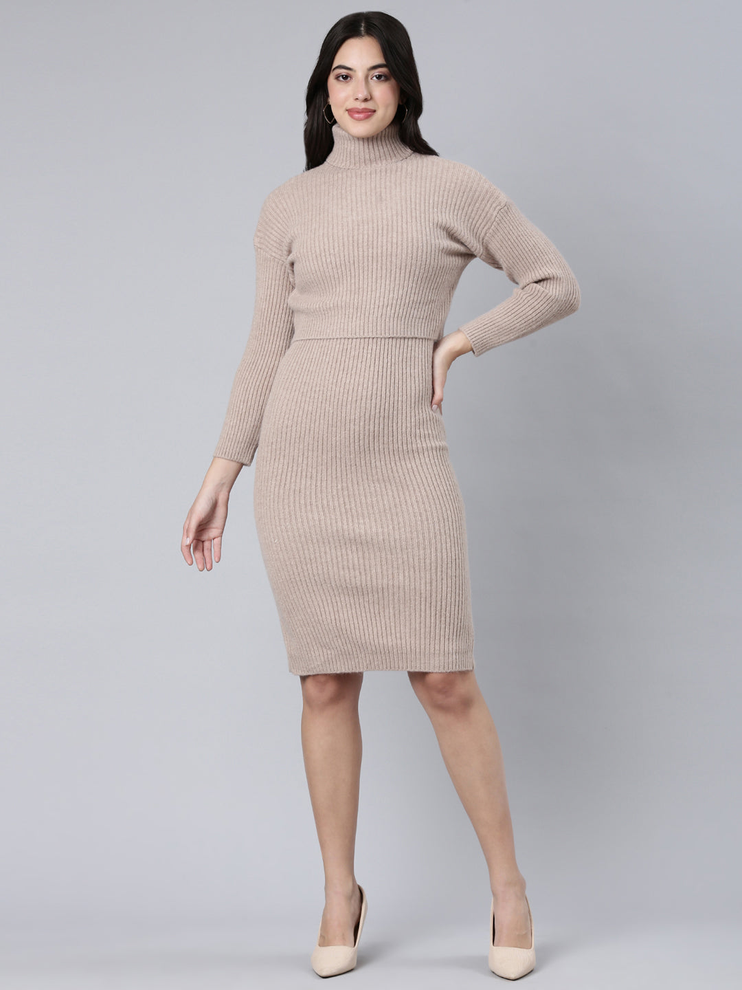 Women Self Design Beige Bodycon Dress Comes with Top