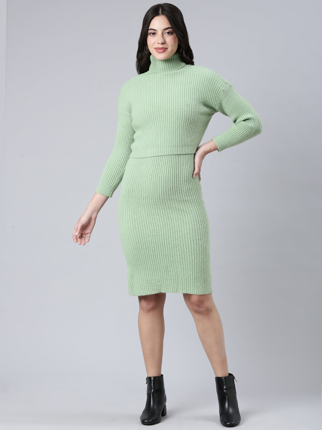 Women Self Design Green Bodycon Dress Comes with Top