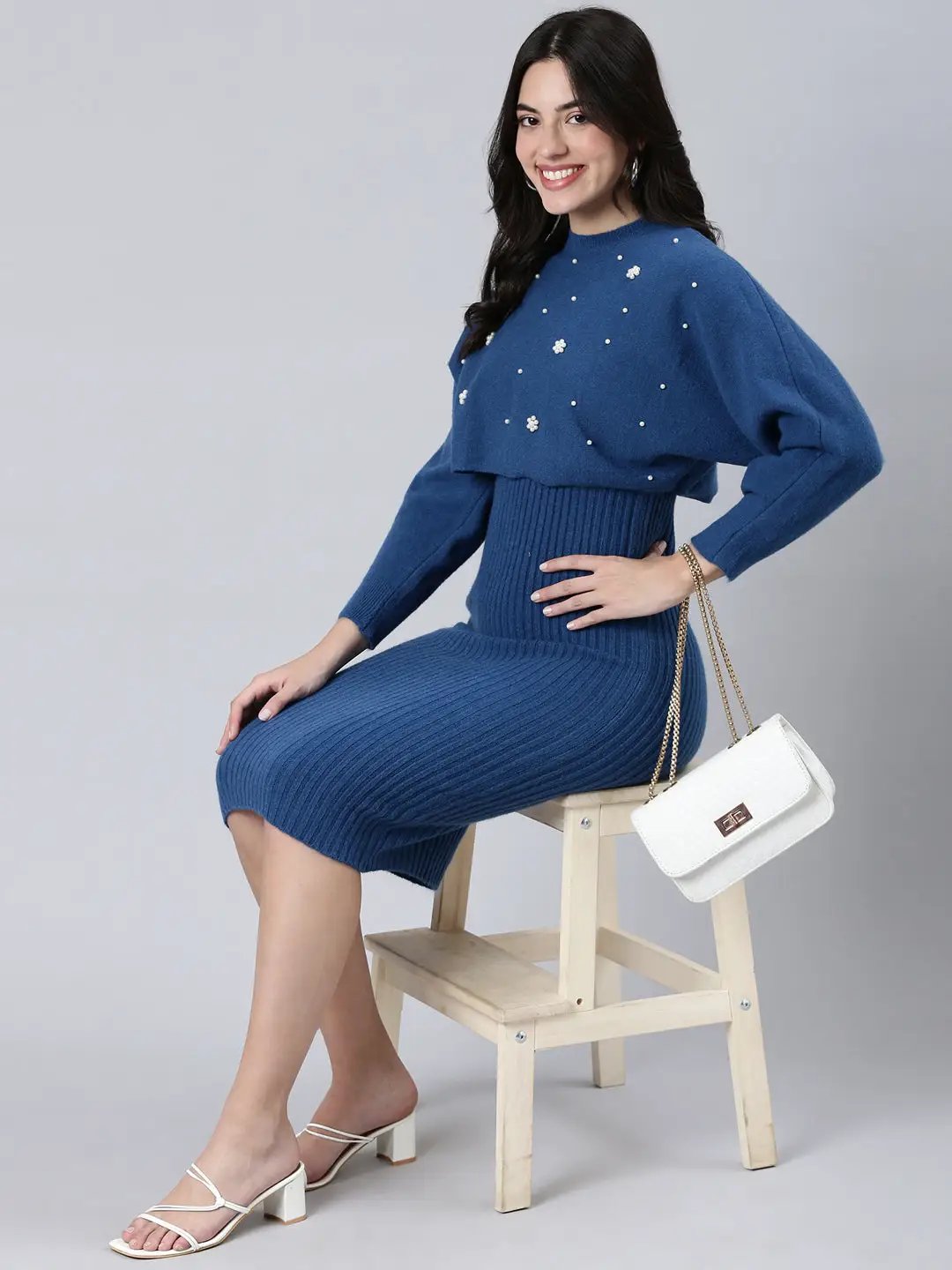 Women's Self Design Blue Bodycon Dress Comes with Top
