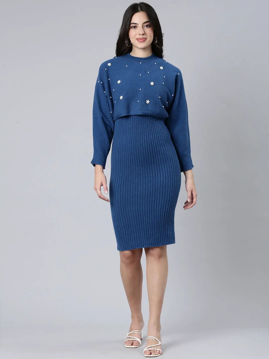 Women's Self Design Blue Bodycon Dress Comes with Top