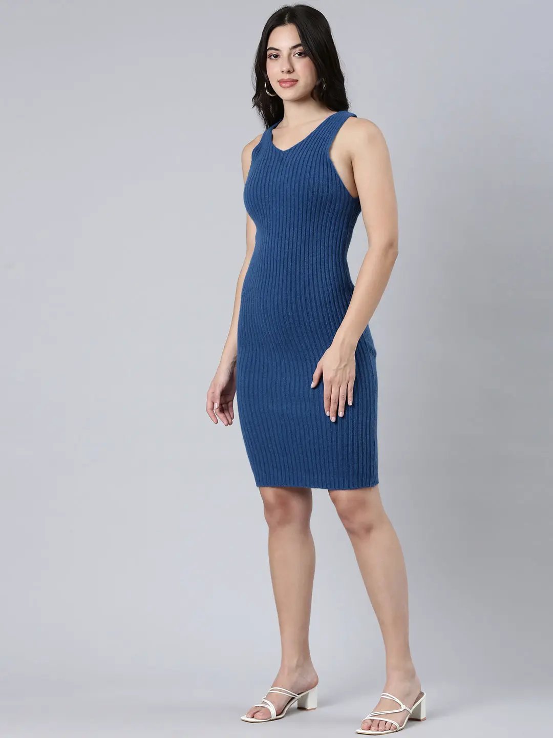 Women's Self Design Blue Bodycon Dress Comes with Top