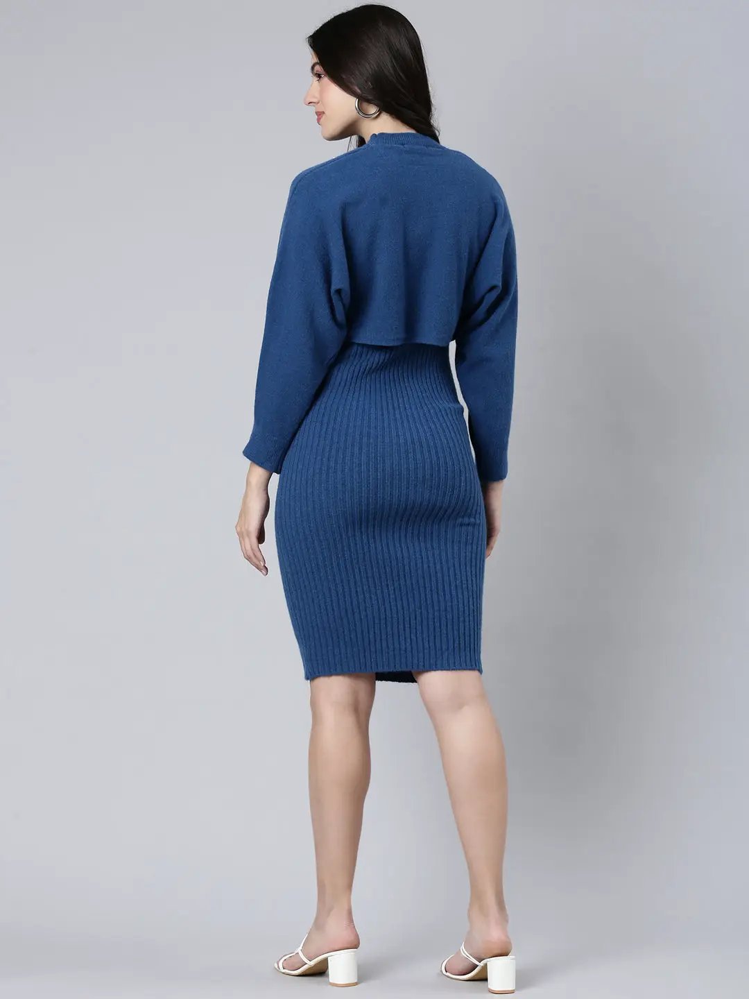 Women's Self Design Blue Bodycon Dress Comes with Top
