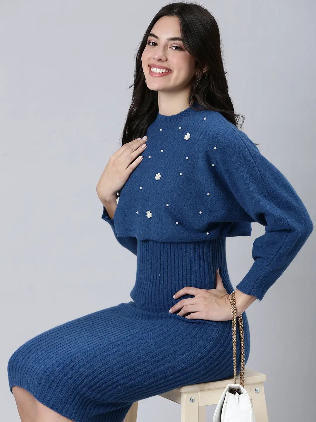 Women's Self Design Blue Bodycon Dress Comes with Top