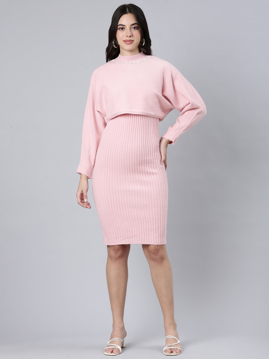 Women's Self Design Pink Bodycon Dress Comes with Top