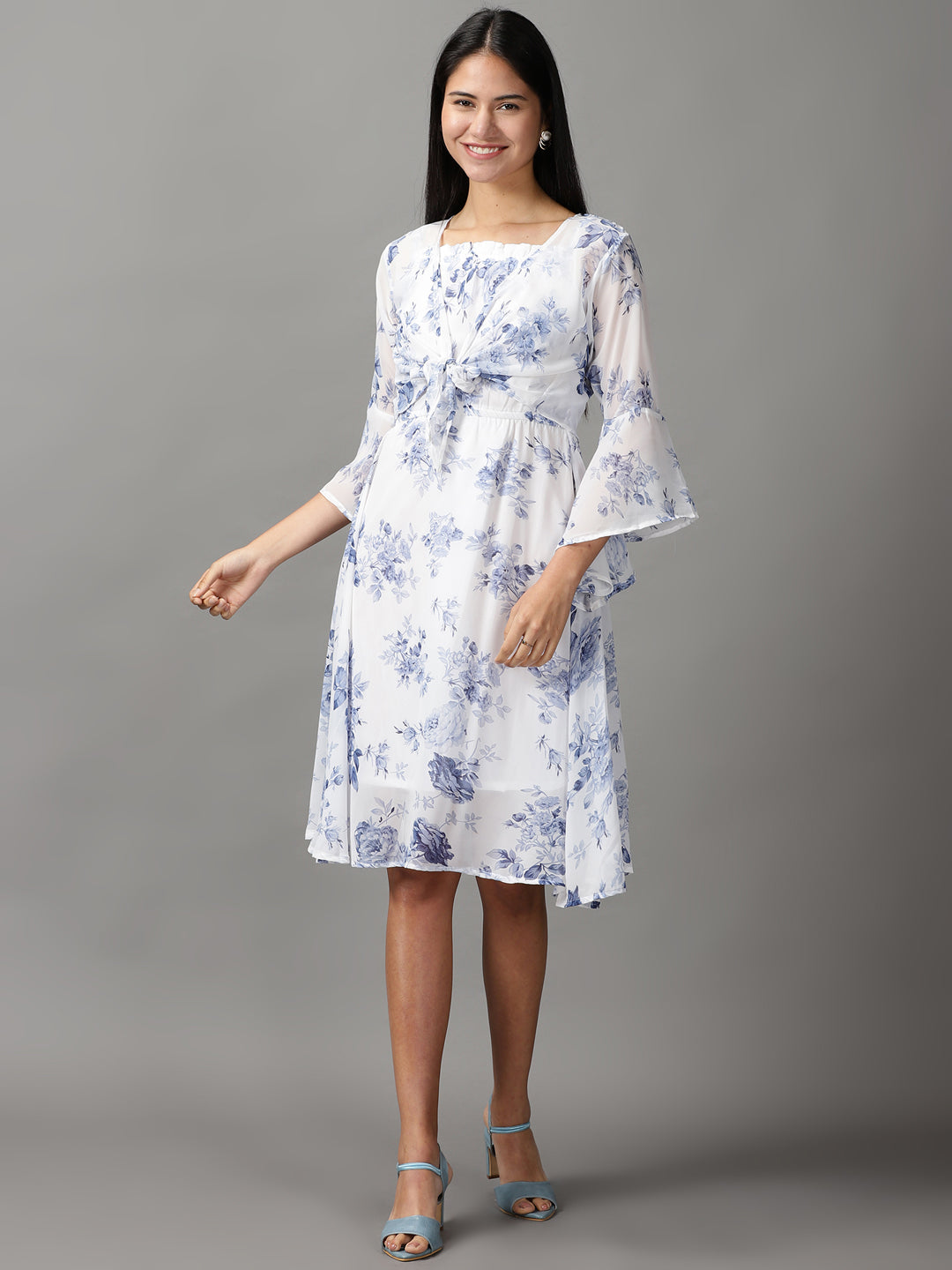 Women's White Floral Fit and Flare Dress