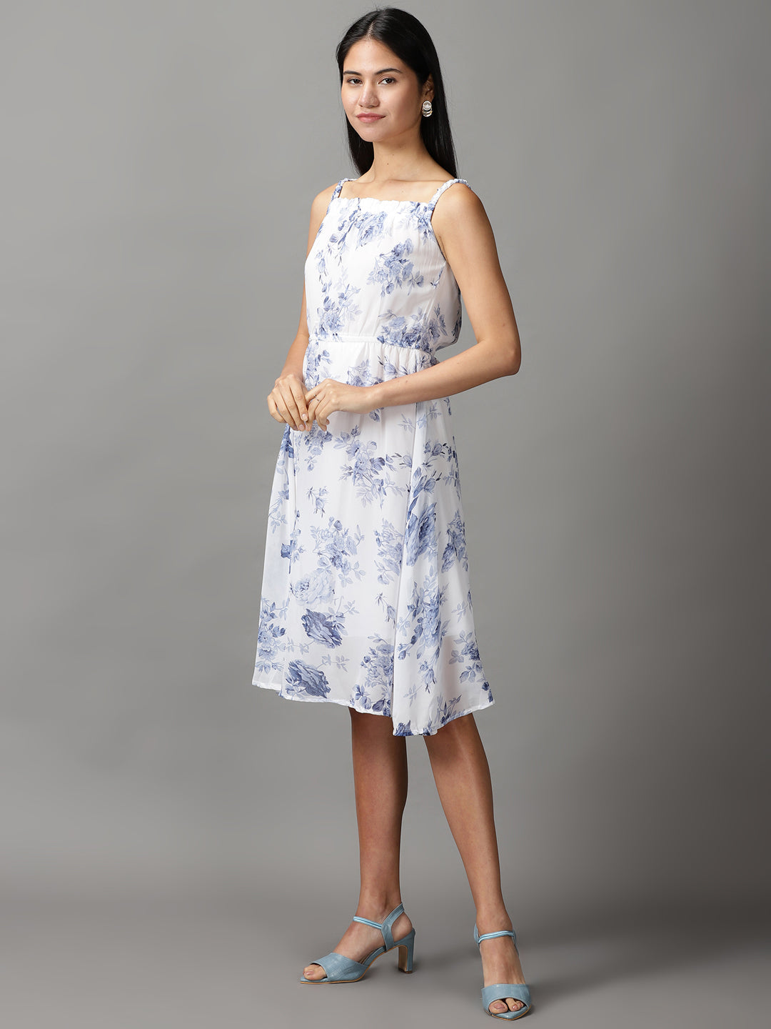 Women's White Floral Fit and Flare Dress