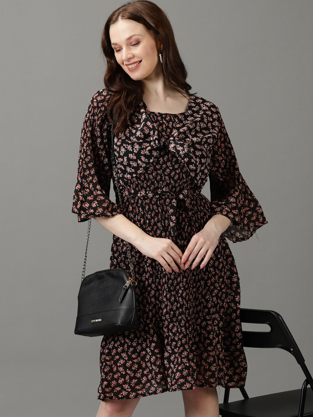 Women's Black Printed Fit and Flare Dress