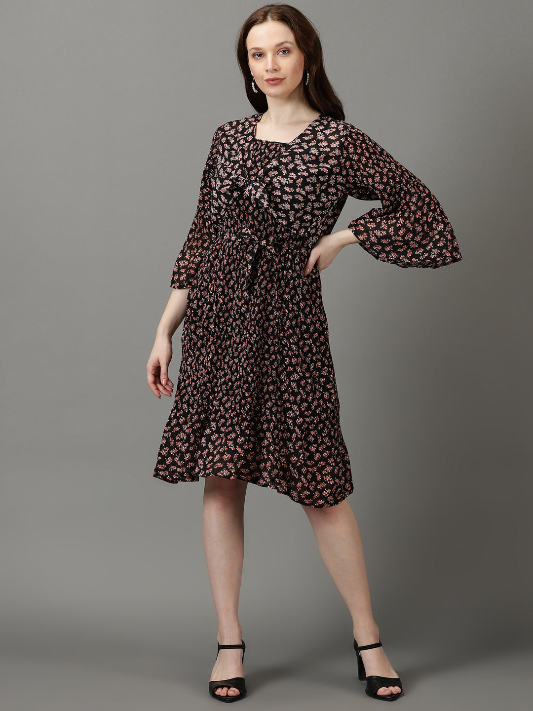 Women's Black Printed Fit and Flare Dress