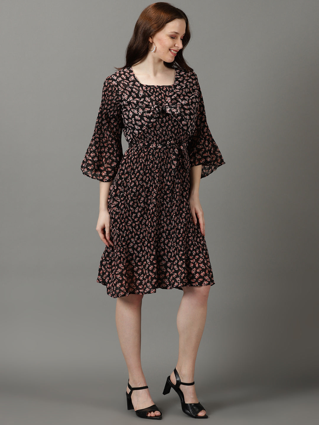 Women's Black Printed Fit and Flare Dress