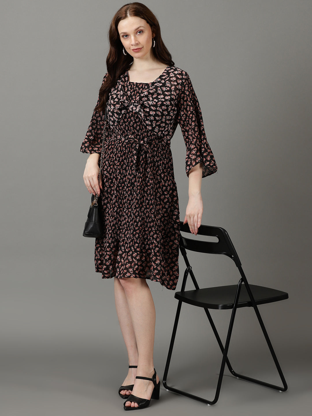 Women's Black Printed Fit and Flare Dress