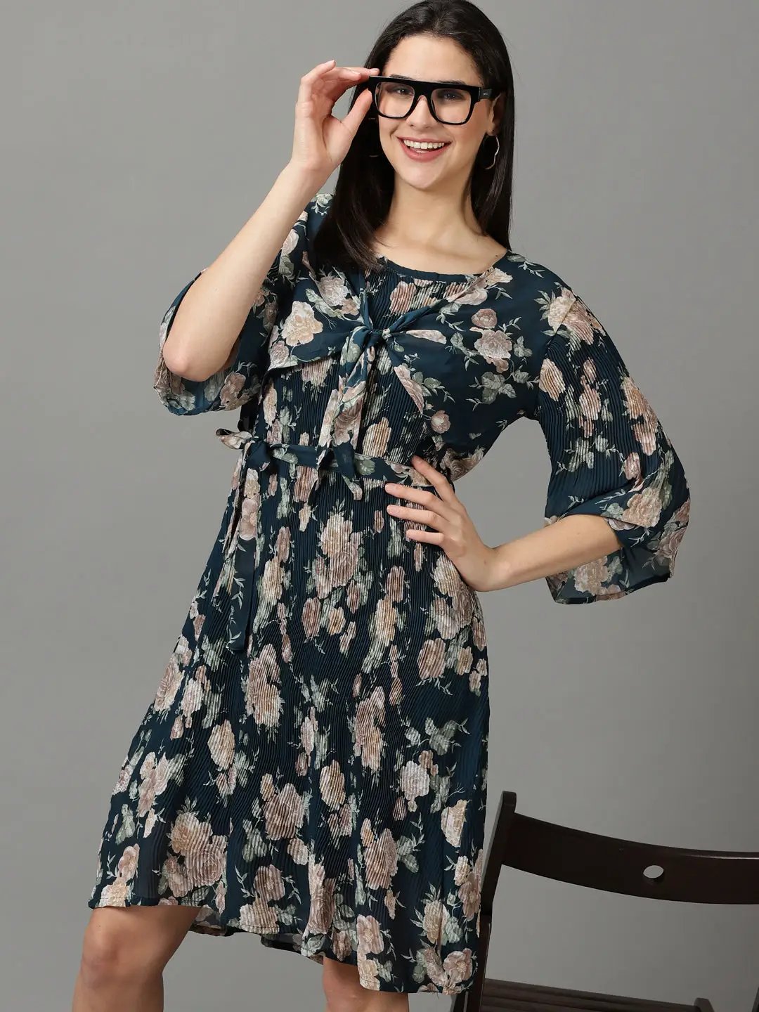 Women's Teal Printed Fit and Flare Dress