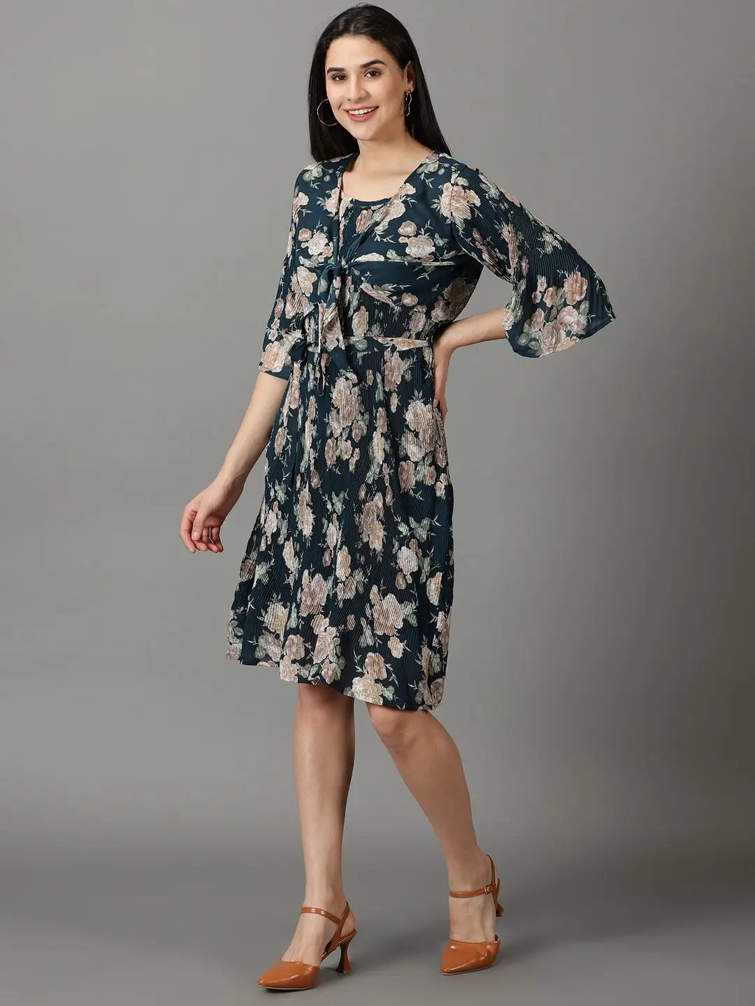 Women's Teal Printed Fit and Flare Dress