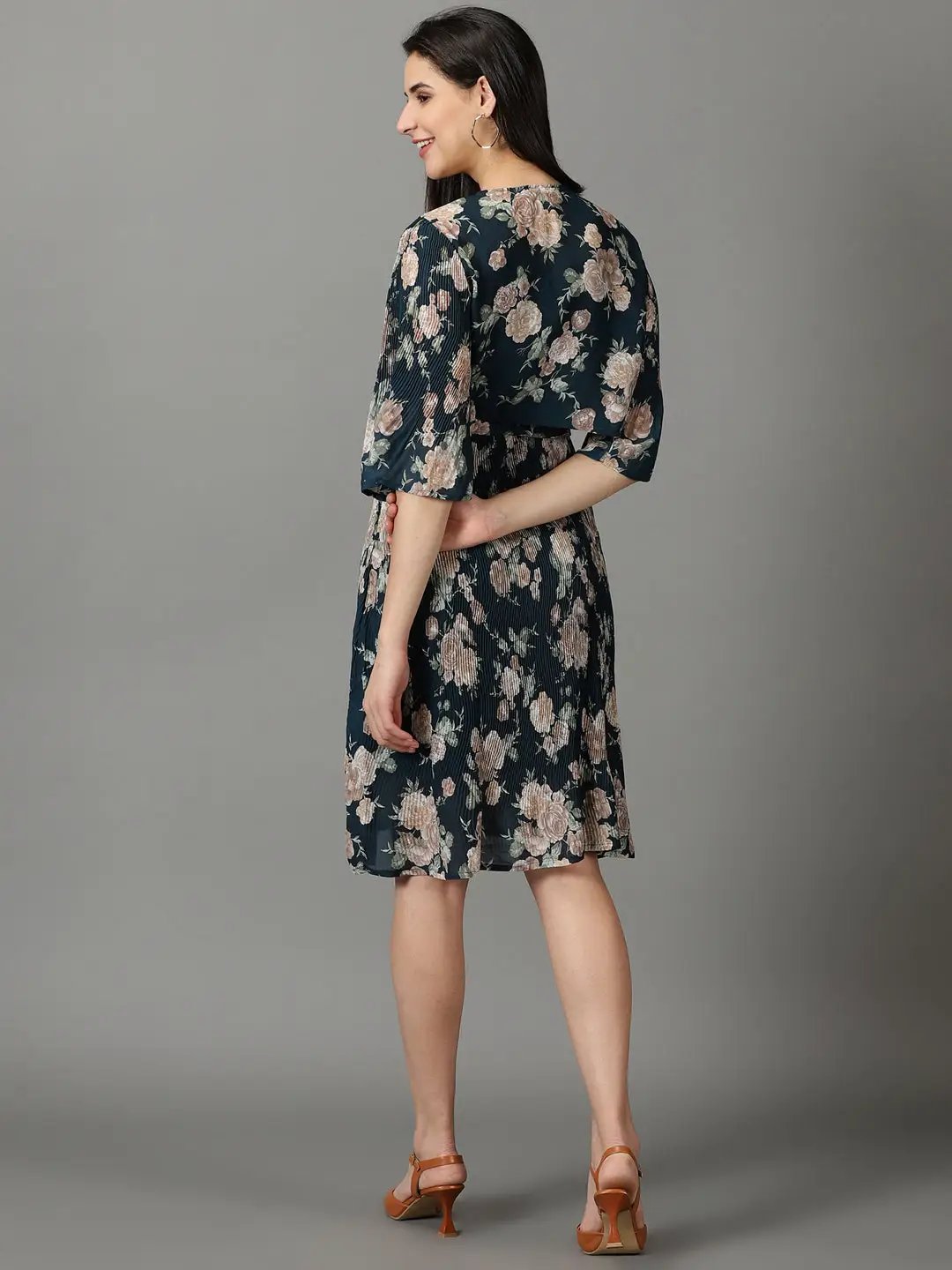 Women's Teal Printed Fit and Flare Dress