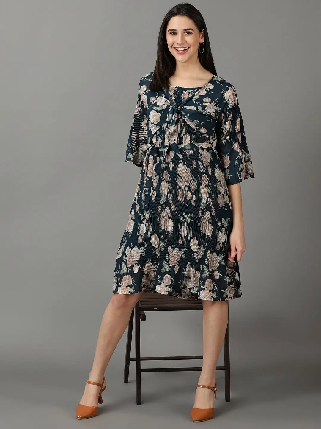 Women's Teal Printed Fit and Flare Dress