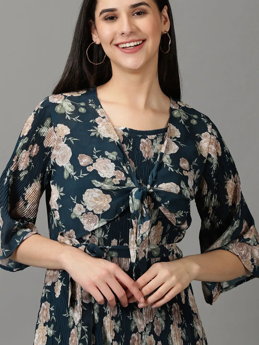 Women's Teal Printed Fit and Flare Dress