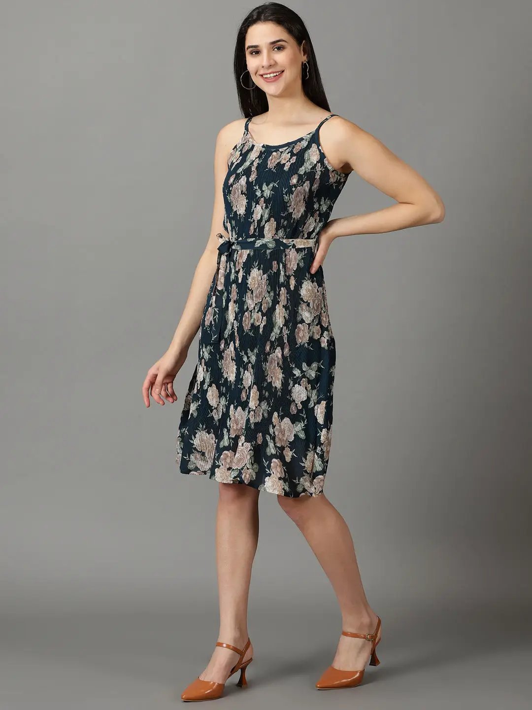 Women's Teal Printed Fit and Flare Dress