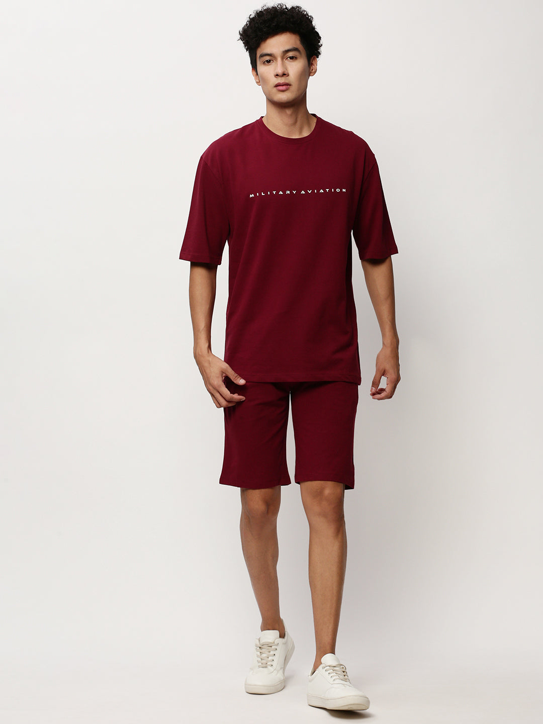 Men's Solid Maroon Round Neck T-Shirt & Shorts Co-Ords Set
