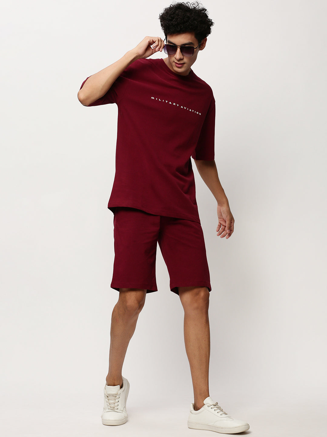 Men's Solid Maroon Round Neck T-Shirt & Shorts Co-Ords Set