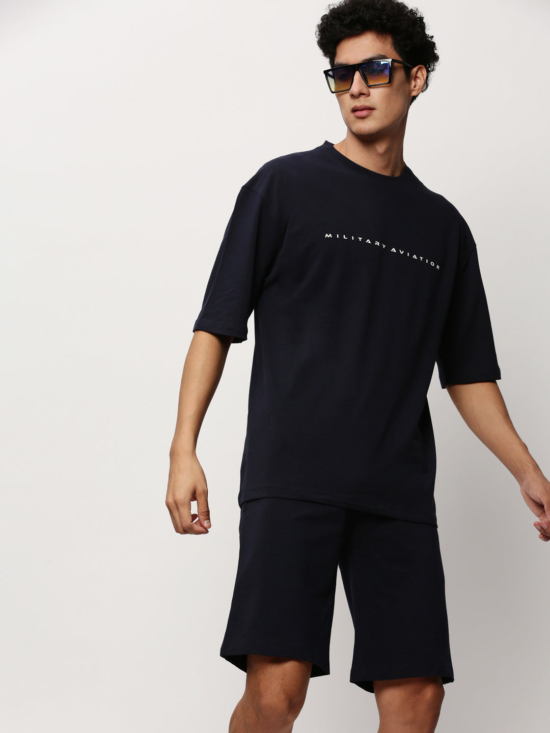 Men's Navy Blue Round Neck T-Shirt & Shorts Co-Ords Set
