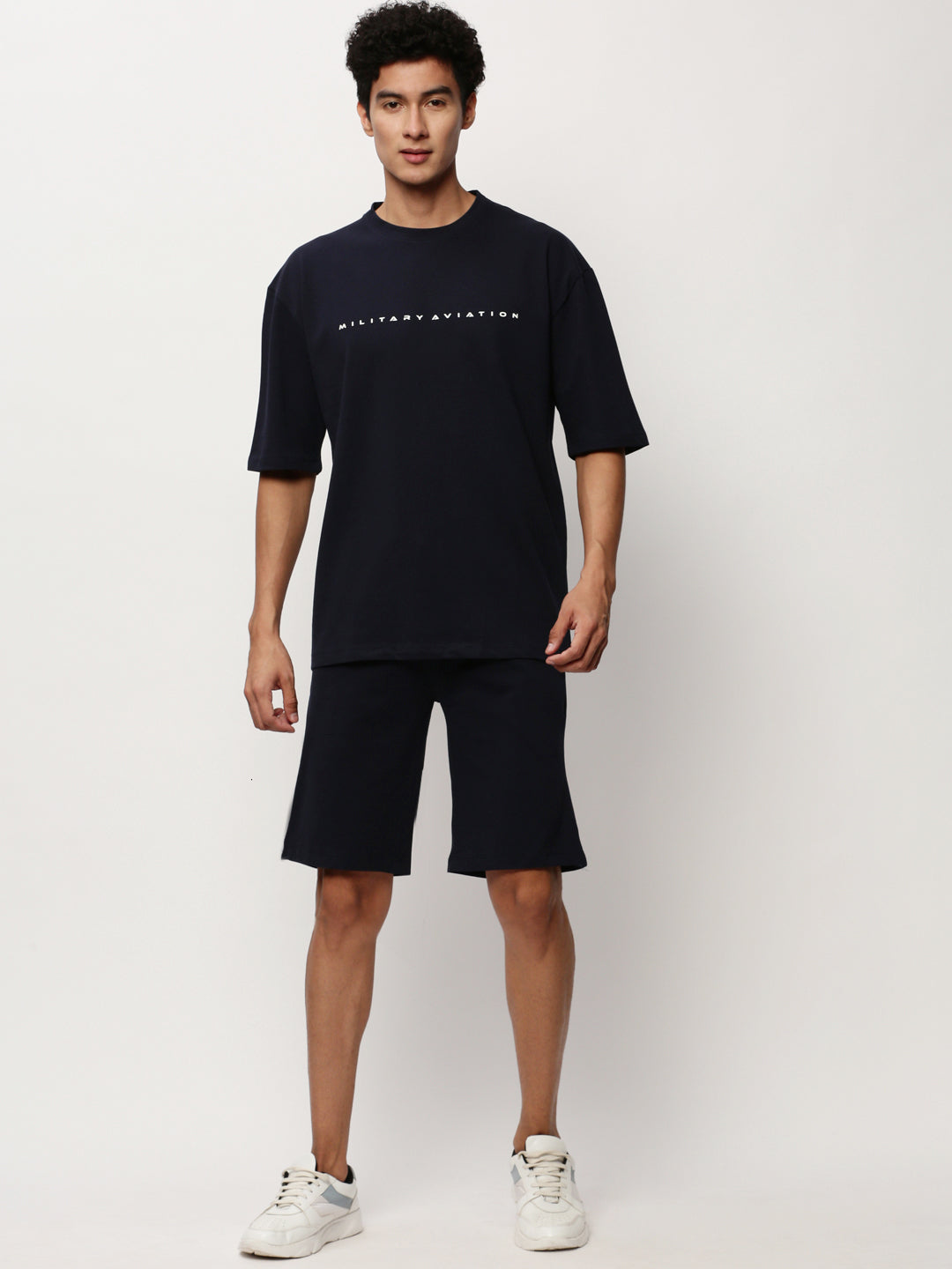 Men's Navy Blue Round Neck T-Shirt & Shorts Co-Ords Set
