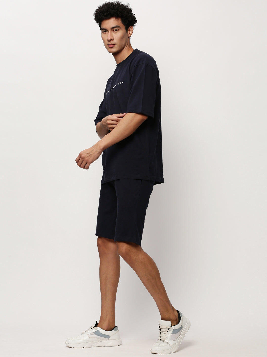 Men's Navy Blue Round Neck T-Shirt & Shorts Co-Ords Set