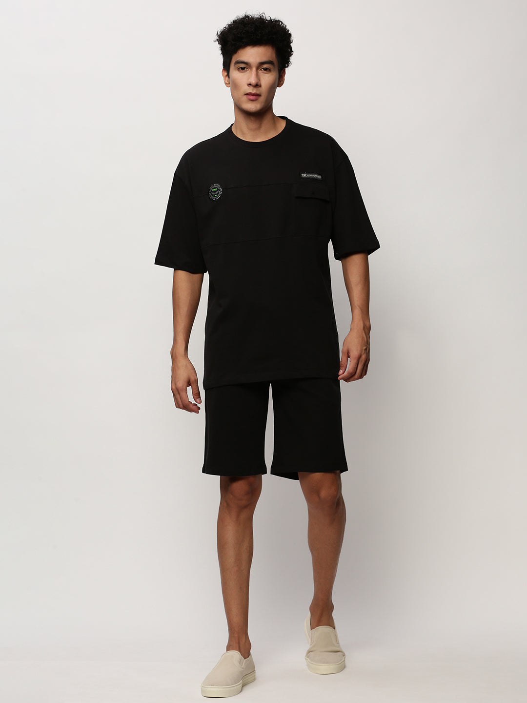 Men's Black Round Neck Short Sleeves T-Shirt & Shorts Co-Ords Set