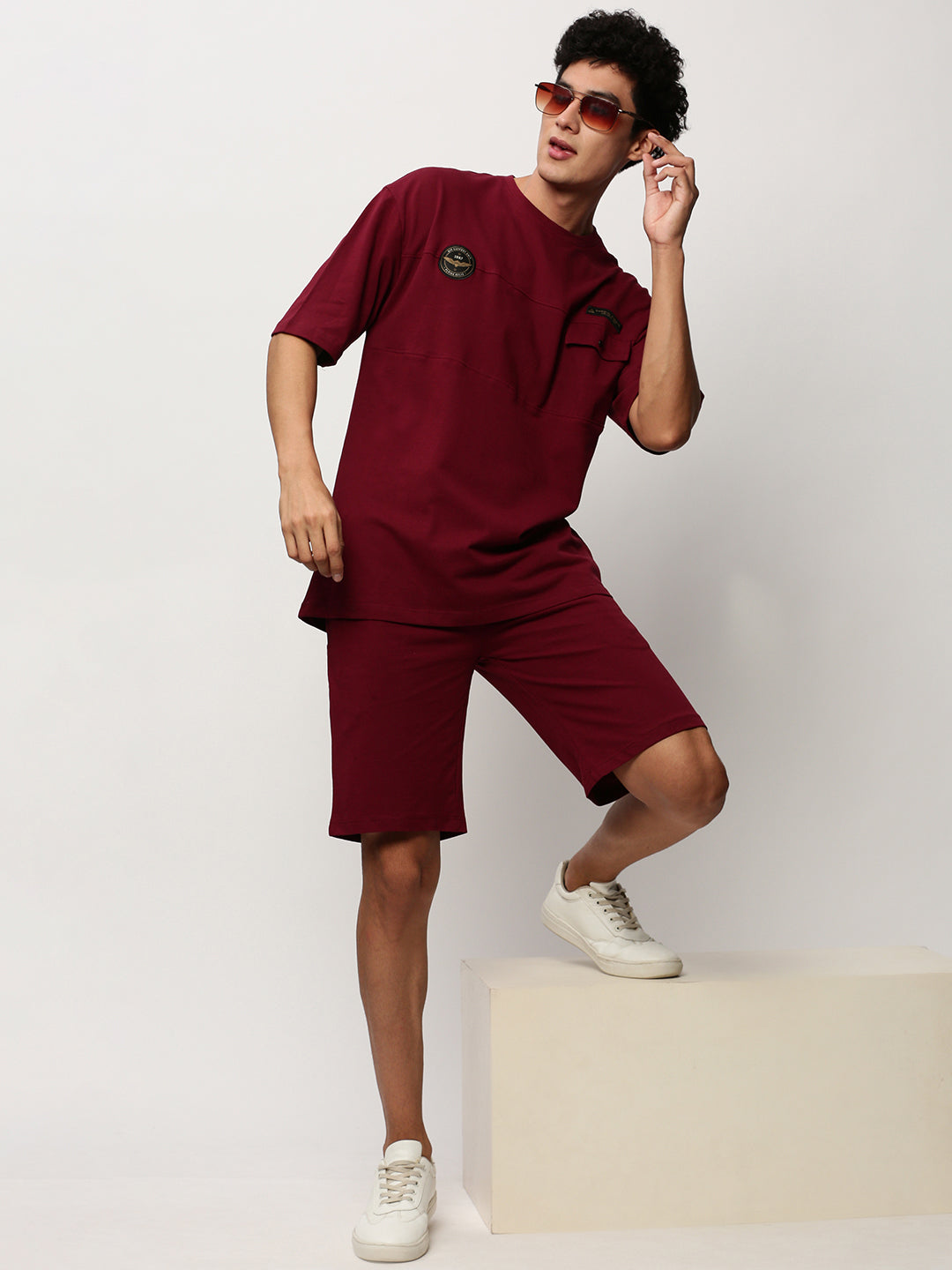 Men Maroon Solid Casual Co ords